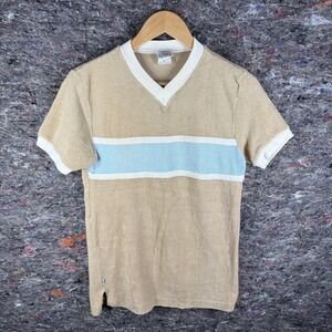 Vintage Levis Shirt Mens Medium Tan Blue Striped Terry Cloth‎ V Neck 70s 80s